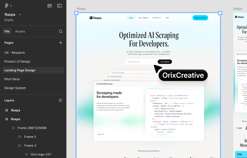 Figma workspace designing landing page and UI components