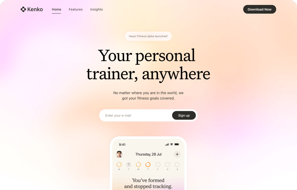Live Kenko landing page and mobile app showcase ready for launch